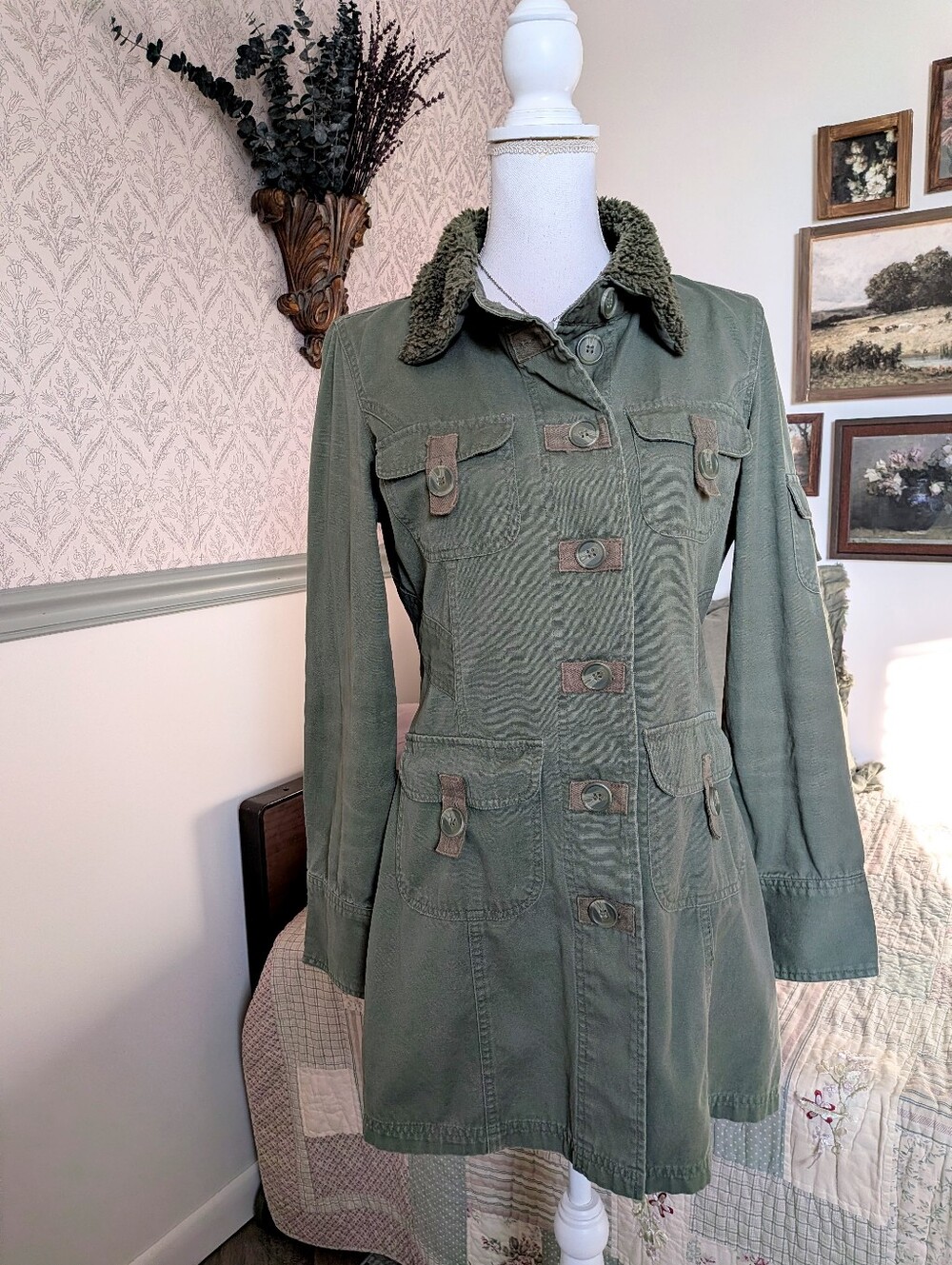 Tulle Y2K Olive Utility Jacket Sherpa Collar Military Cargo Coat L